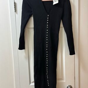 Zara Black Embellished Bodycon Dress Long Sleeve V-Neck